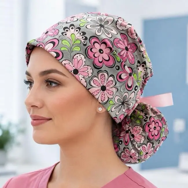 Cotton Surgical Scrub Cap for Nurses - Adjustable Strap, Ponytail Pouch for Long Hair, Stylish Pink Floral Print, Stylish Look, Daily Wear Medical Uniform Hat for Operating Room Professionals