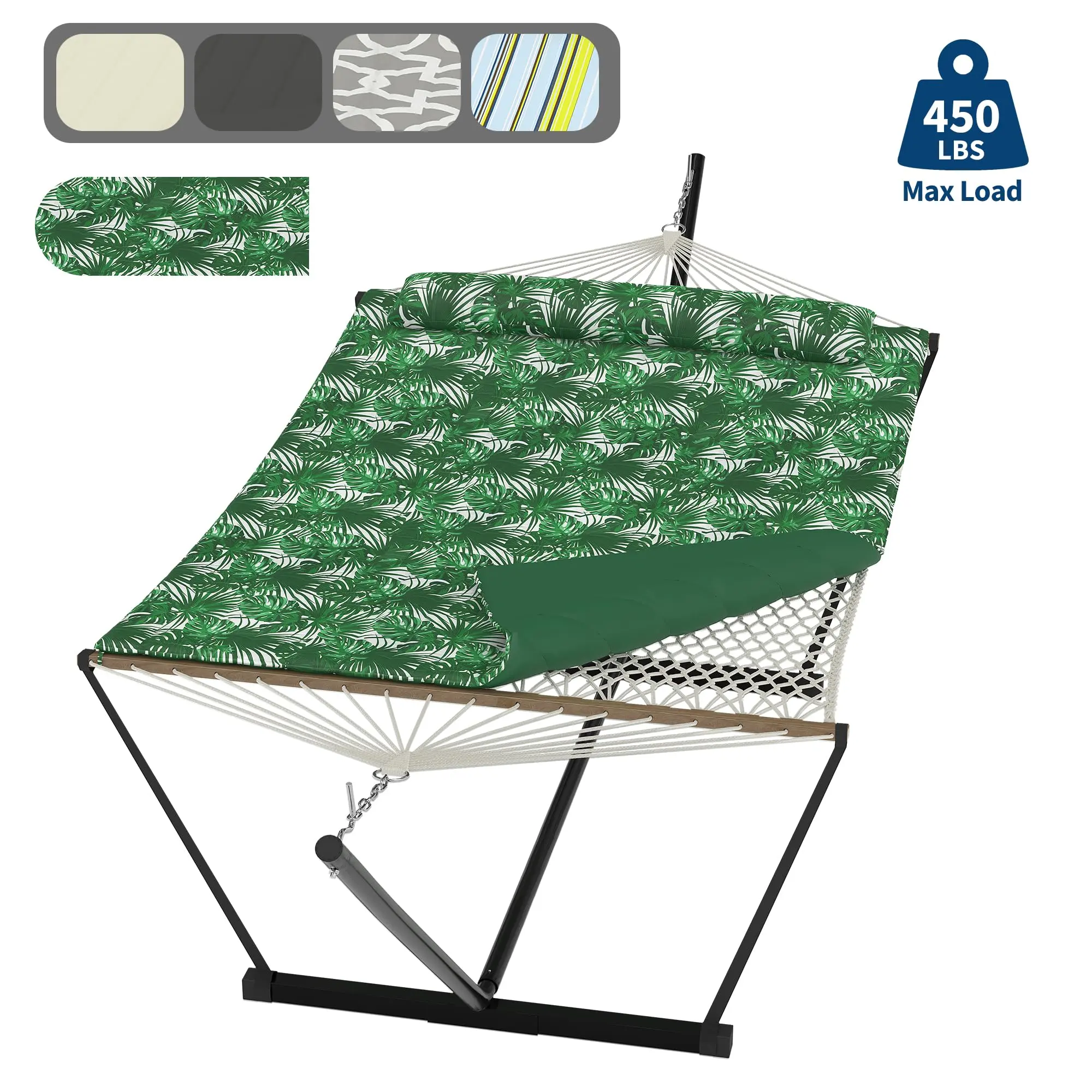 Gaomon Heavy Duty Double Hammock with Stand - 450 lbs Capacity Hammock Camping, 2-Person Cotton Rope Patio Bed, Polyester Pad, Pillow, Hardwood Spreader Bars, Easy Assembly for Backyard, Patio