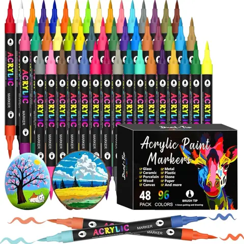 Dual-Tip Acrylic Marker Pen Set (24/48/96 Colors) - Waterproof Quick-Dry Acrylic Brush Markers, Colorful Drawing Art Supplies for Creative Projects, Coloring, Home & Festive Party Supplies
