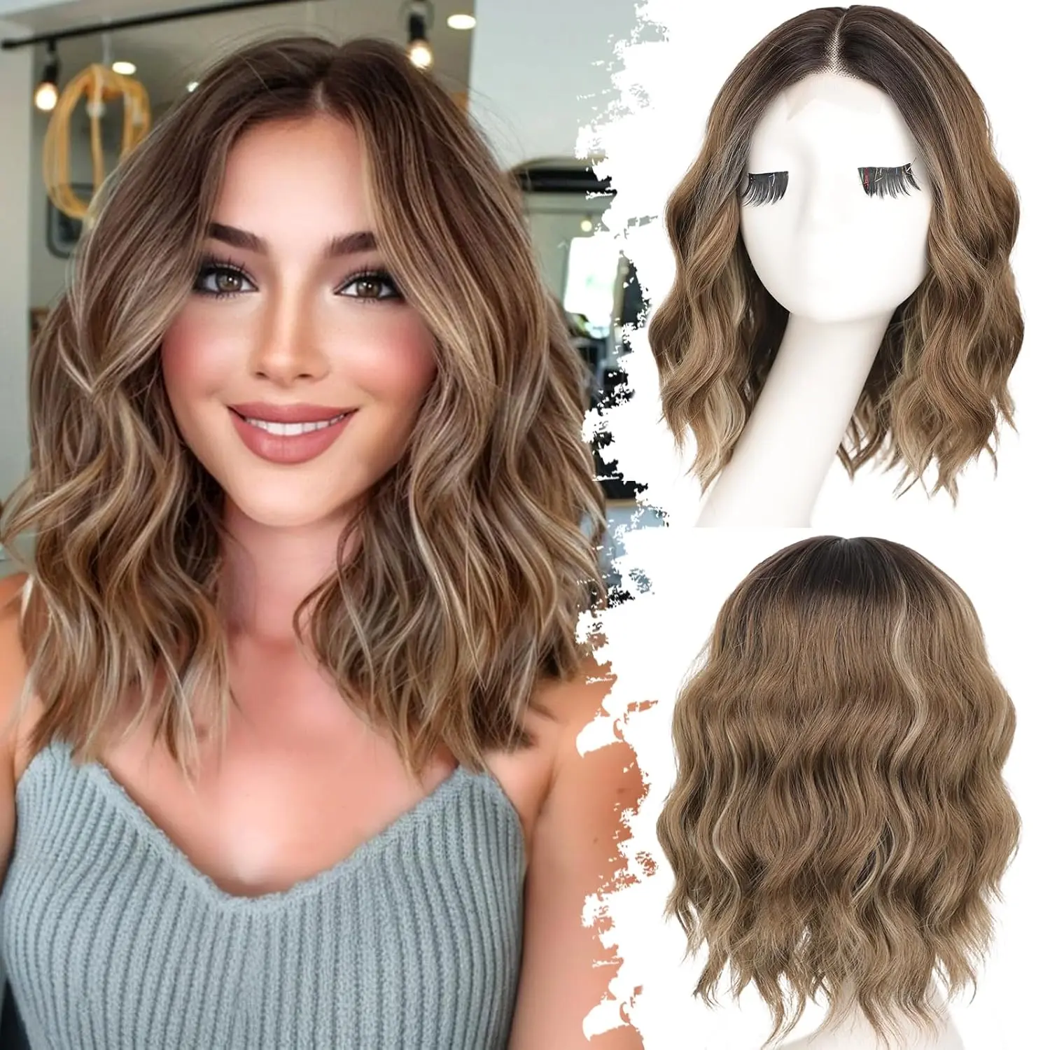 Dark Brown with Highlights Short Wavy Bob Glueless Synthetic 