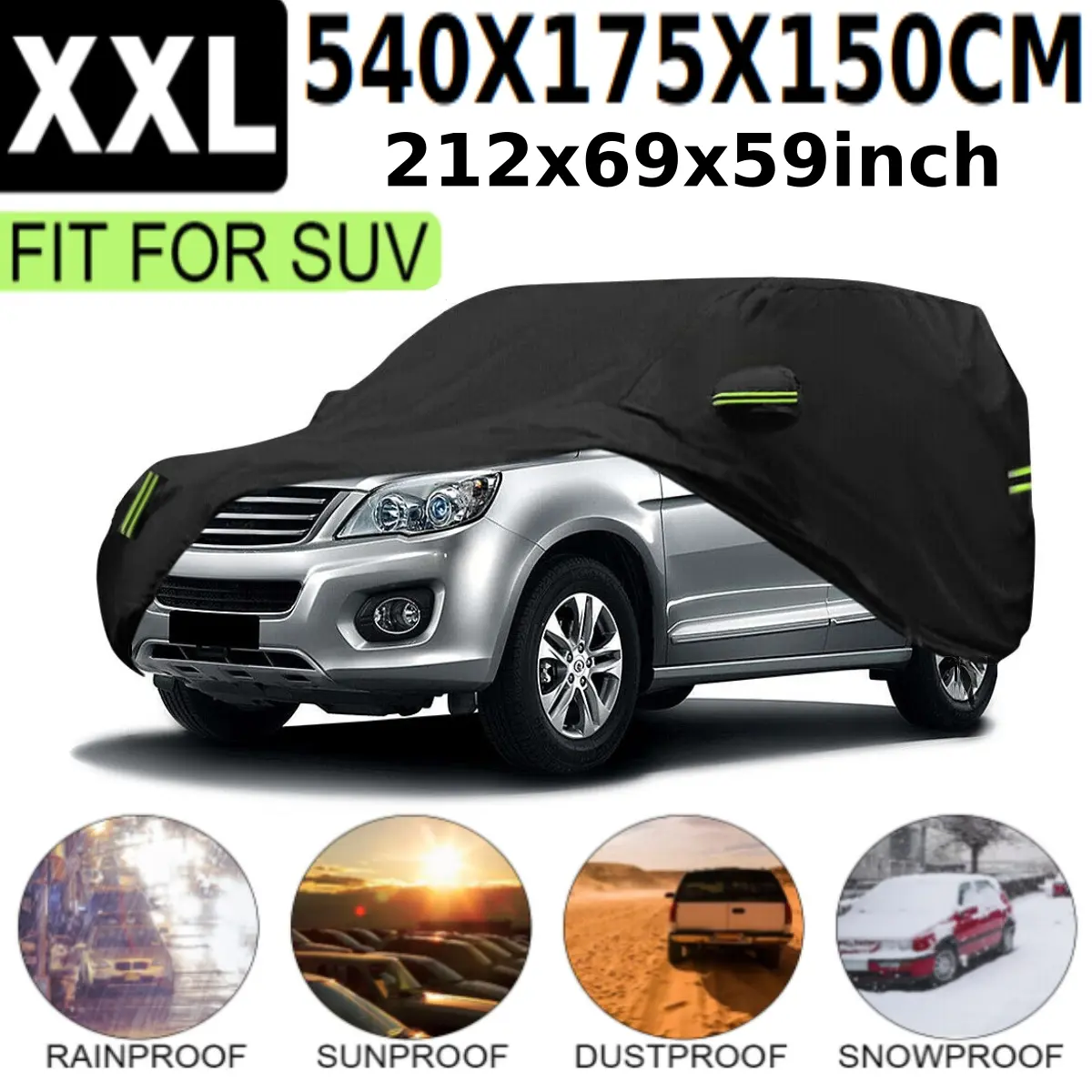 All Season Heavy Duty Breathable Polyester Car Cover, 212x69x59in Black Waterproof Indoor-Outdoor Cover with Storage Bag, Dust Rain Snow Sun UV Protection, Universal Fit for Most Cars & SUVs, Breathable Polyester Cover, All Season Cover