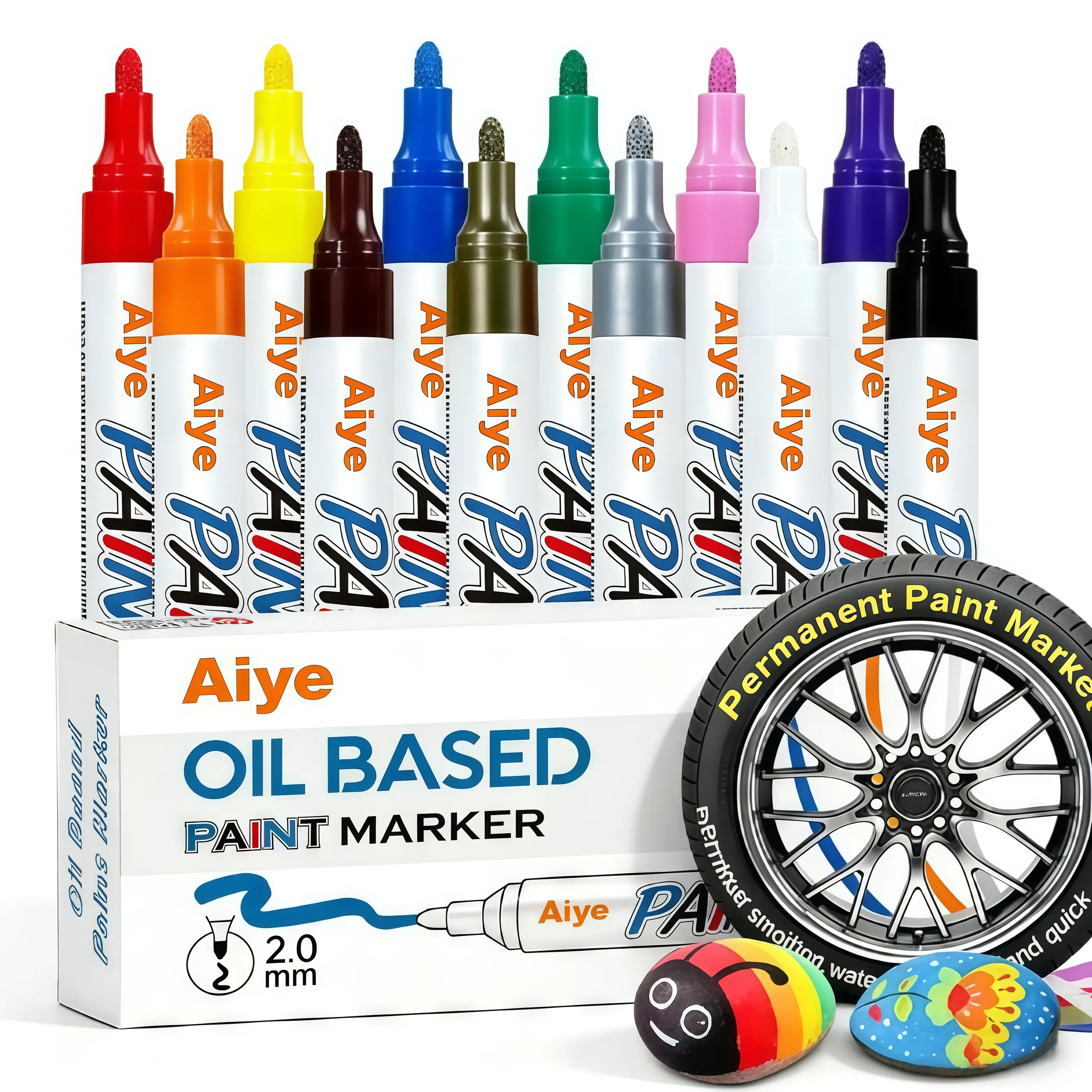12 Colors Tire Marker Pen, Oil-Based Tire Lettering & DIY Detail Pen Paint Marker, Waterproof, Quick-Dry, Long-Lasting Marker for Metal, Wood, Plastic, Rock, Canvas, Glass, Rubber