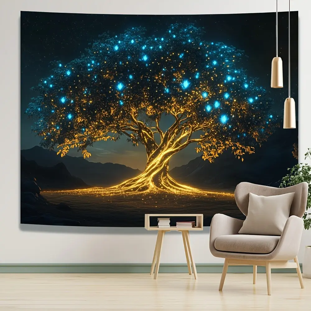 Retro Tree-of-Life & Starry Sky Pattern Decorative Hanging Wall Tapestry - Polyester Home Textile, Machine Washable Home Decor, Indoor Room Accessory for Living Room, Gifting for Friends & Family with Animal Accents