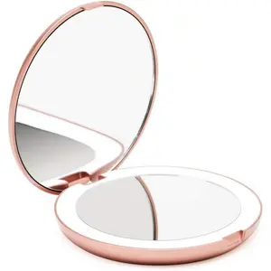 LED Lighted Travel Makeup Mirror, 1x/10x Magnification - Daylight LED, Compact, Portable, Large 5" Wide Illuminated Folding Mirror - Lumi (Rose Gold)