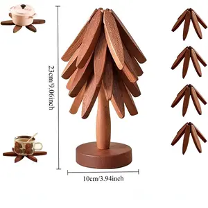 Tree Trivet Set, Kitchenware, 4 Wooden Trivets & 1 Stand, Heat Resistant Foldable Design, Durable Solid Wood, Ideal for Hot Dishes, Pots, Bowls, Teapots, Wooden Coasters