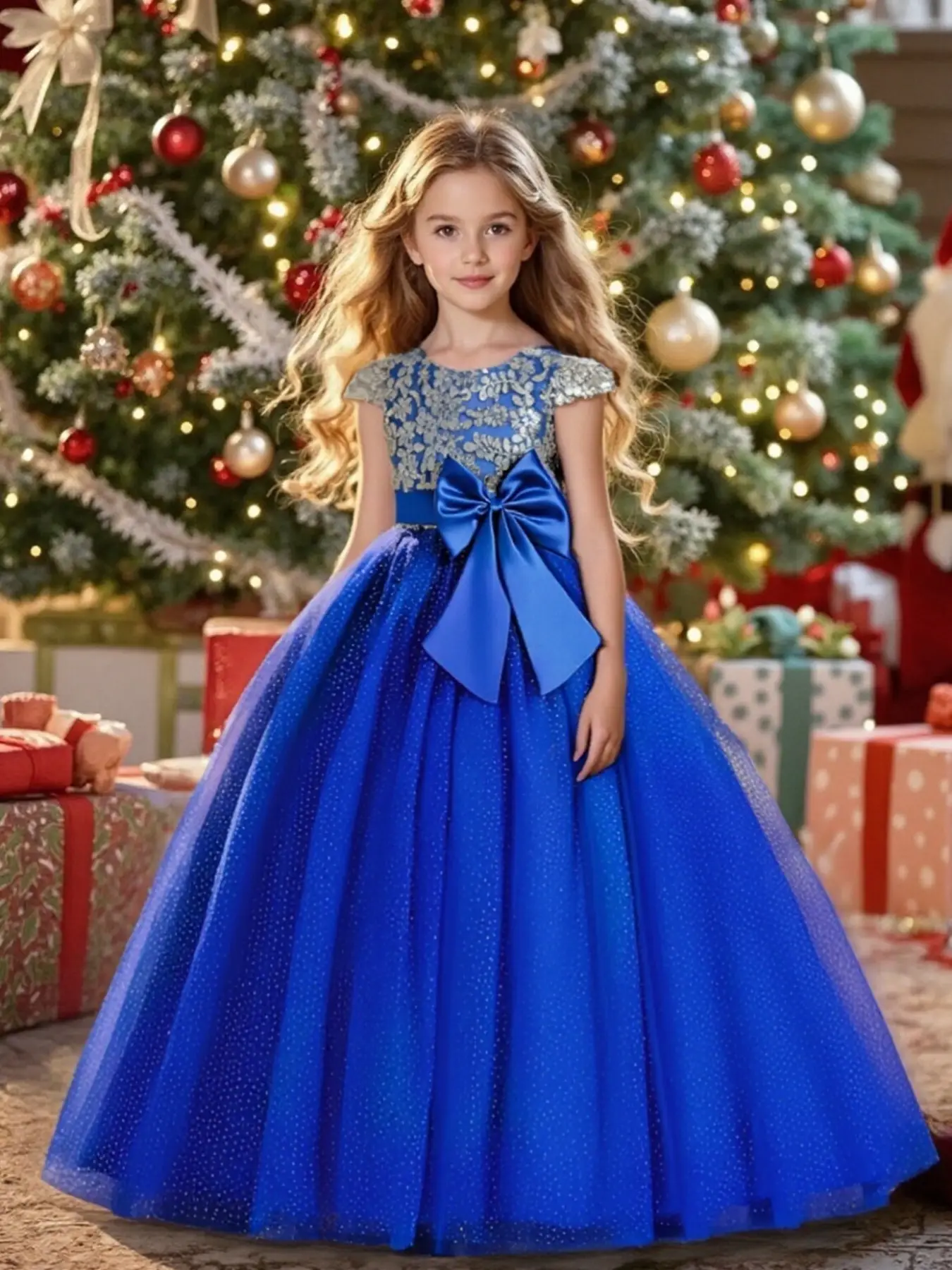 Girls' Christmas Party Dress, Floral Embroidered Princess Gown with Bow Belt, Elegant Summer Woven Fabric, Perfect for Special Occasions