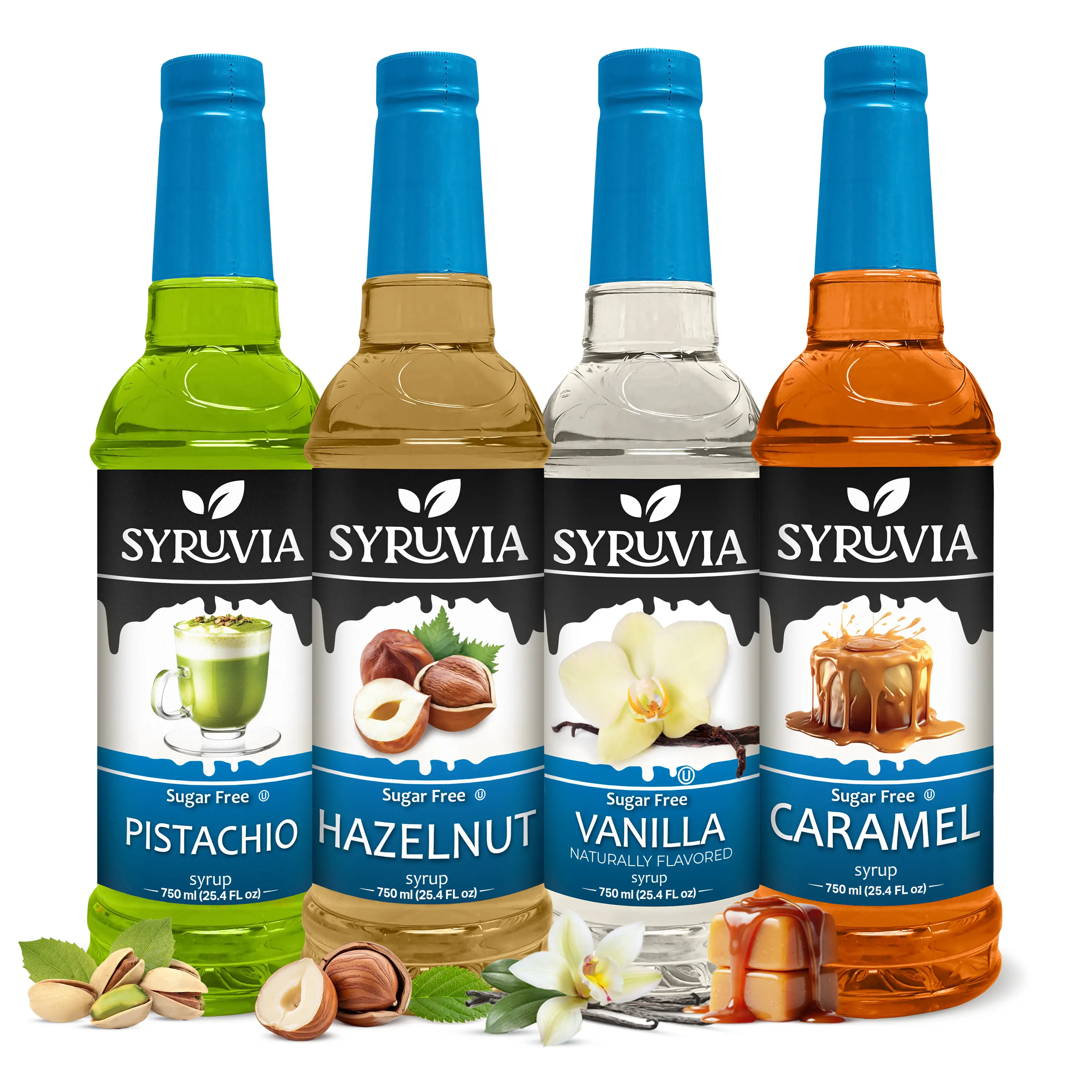 Syruvia Sweet Creamy Sugar-Free Coffee Syrup Variety Pack - Pistachio, Hazelnut, Vanilla, Caramel Flavors - Gluten-Free, Kosher, 25.4 fl oz Bottles - 4-Pack for Coffee, Beverages