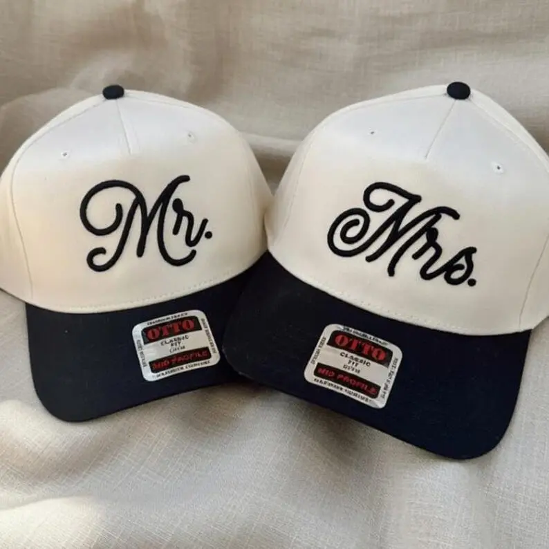 Mrs, Mr Hat Matching Embroidered Hat: Bride Groom Gift, Wedding Party