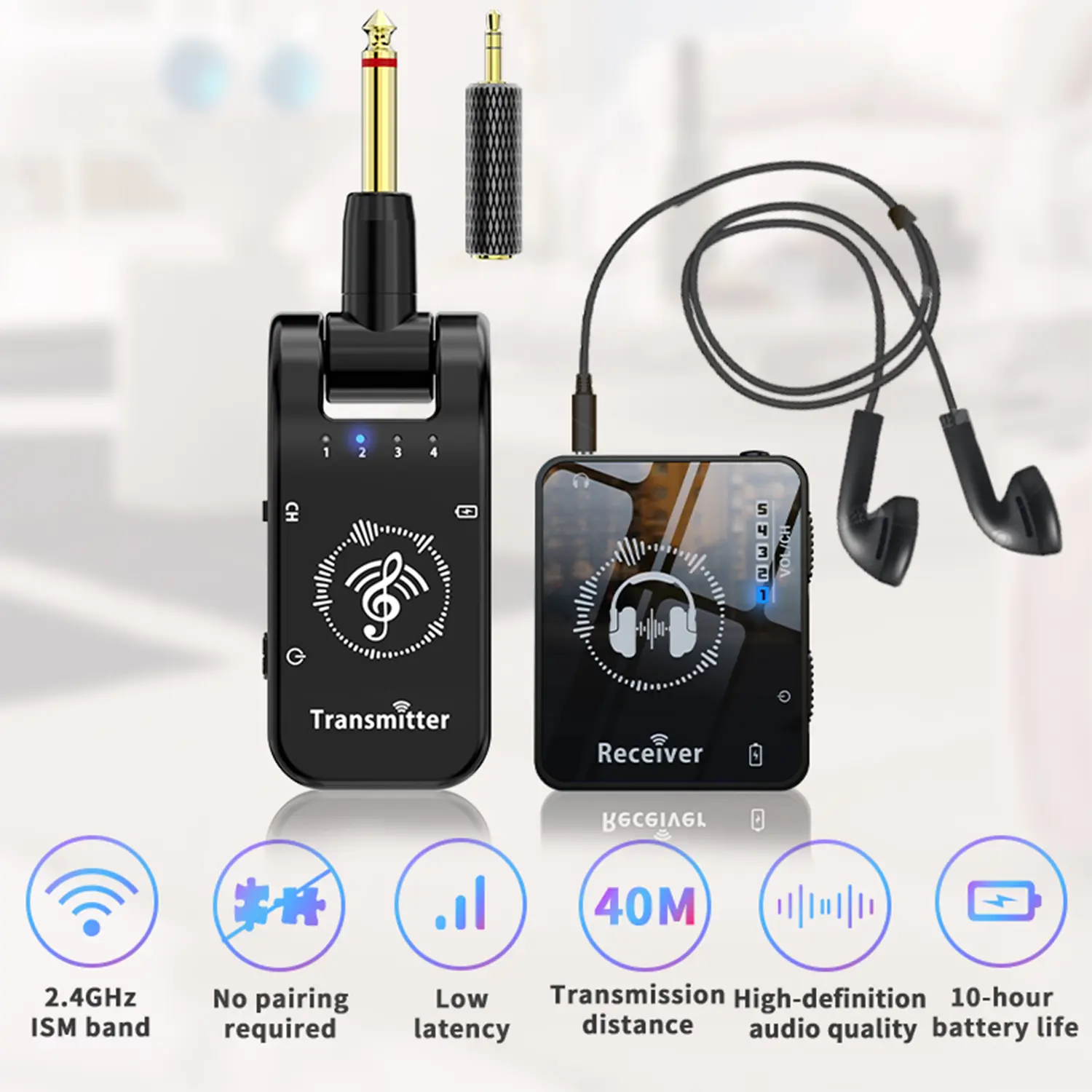 Compact 2.4GHz Wireless Audio Relay System with Auto-Pairing Transmitter & Receiver - High-Fidelity In-Ear Monitoring for Studio, Band Rehearsals & Live Performances, USB Type-C Charging, Black