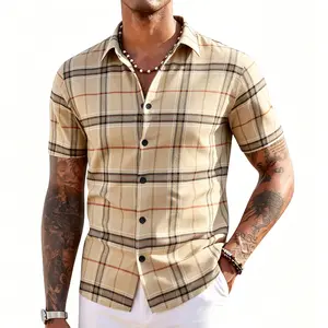 Men’s short-sleeve plaid shirt, casual short-sleeve shirt, casual multifunctional men’s khaki plaid shirt, blue plaid shirt, cream-colored plaid shirt, men’s short-sleeve button-up shirt