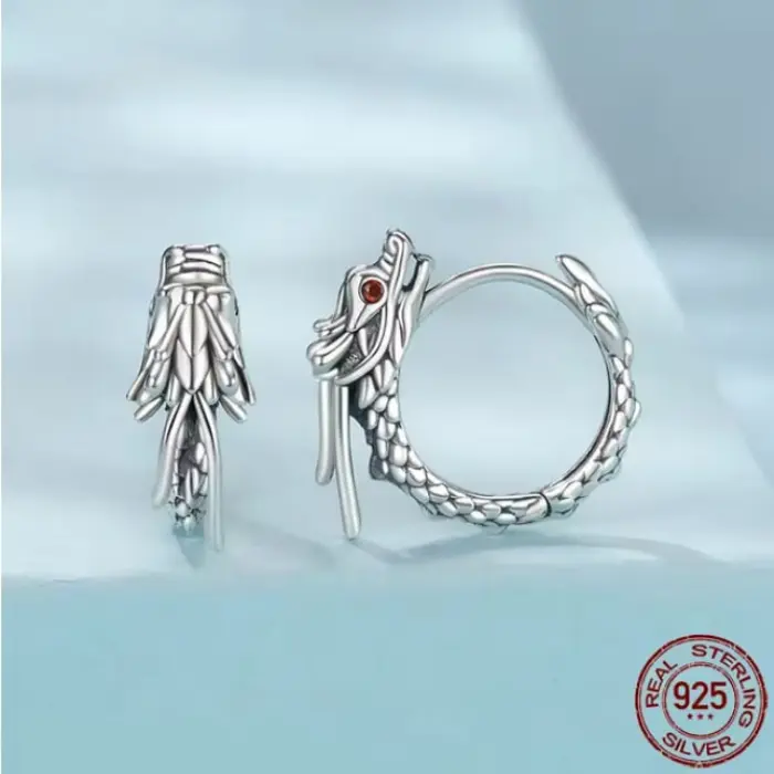 Retro 18K 925 Sterling Silver Vintage Dragon Hoop Earrings