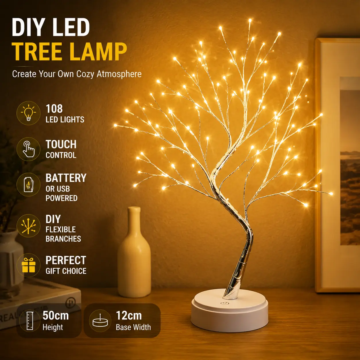 108-LED DIY Tree Lamp, Touch-Control Warm Night Light, Customizable Shape Indoor Use Light, Cozy Home Decor Bedroom Gift