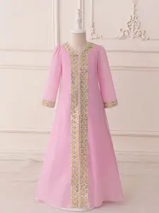 3-7Y Pink 80 Kids Clothes Flower Muslim Girls Frock Embroidery Ball Gown Pageant Children Elegant Princess Prom Host Formal Evening Party Banquet Cocktail Dress