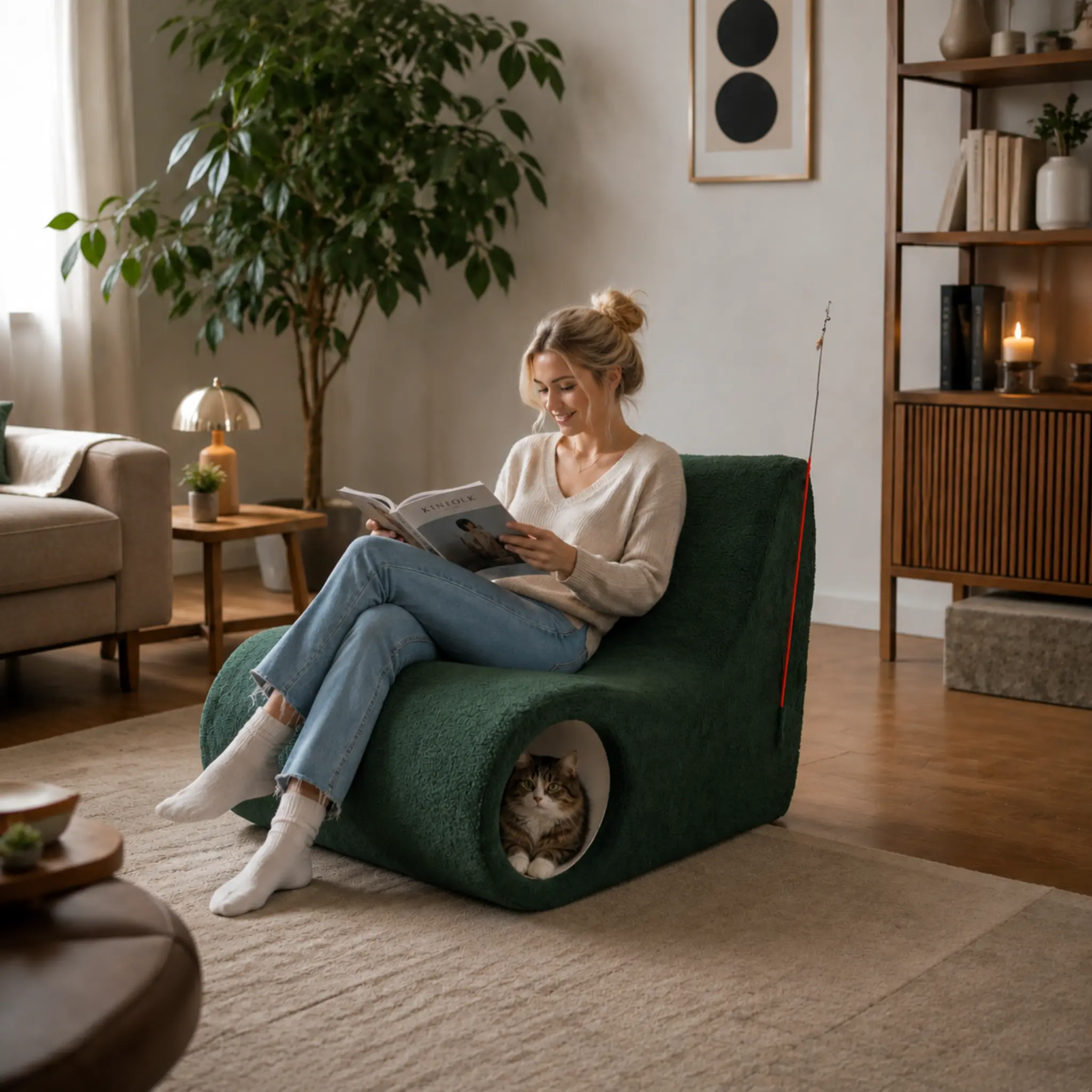 Single-Seater Fleece Memory Foam Sofa - Multi-Use Human-Cat Lounge with Built-In Cat Bed, Tunnel Hole, Pet-Friendly Chaise for Indoor Owners and Feline Companions