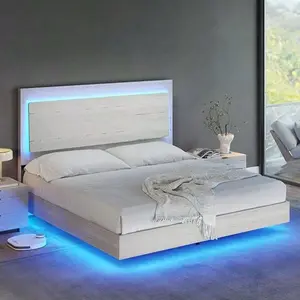 Frame, Farmhouse Floating  Frame  Recline Headboard, Platform   LED Light, No Box Spring Needed/Noise Free, Distressed White bed Cloud with