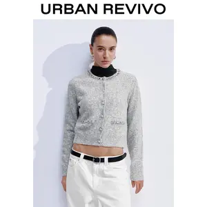 URBAN REVIVO Women's Long-Sleeve Knit Cardigan Top - Solid, Basic, Casual, Elegant, Button-Front, Patch-Pocket Clothes, Cold Wash, Do Not Dry Clean, UWG950236