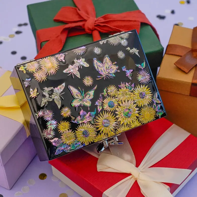 FEBRUARY MOUNTAIN Mother of Pearl Box with Ring Tray Sunflower gifts for women Jewelry Box Unique Gifts Mother's day, Birthday Gifts Wedding