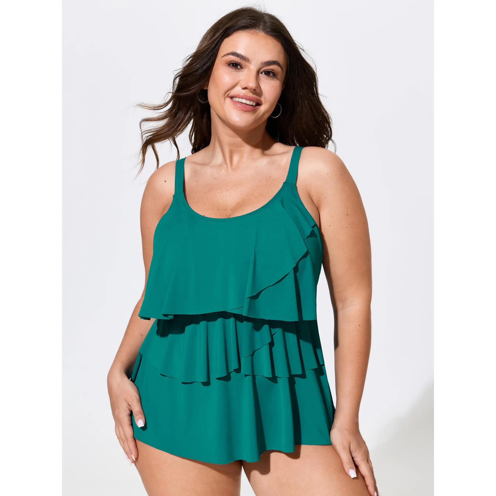BloomChic Tankini Swim Top for Plus Size Women, Solid Teal Layered Design with Ruffles and Deep Neckline, Stretch Nylon Beach Wear, Tankini Swimsuits, Female, Sleeveless, Plain, Cold Wash, All Size Swim, Casual Tankini Top, Machine Wash