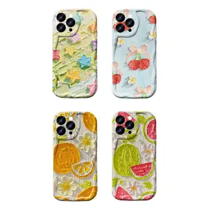 Aesthetic Cream Textured Oil Painting Phone Case for iPhone 17 16 15 Pro Max | UV Printed Soft TPU Shockproof Cover | Cute Fruit, Star & Bowknot Designs | Fast US Shipping [1pcs]