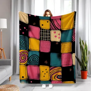 Abstract Boho Patchwork Throw Blanket - Black Background Vibrant Geometric Squares Print Blanket, Cozy Soft Blanket Featuring Pink, Teal & Mustard Textured Patterns, Perfect Gift for Modern Bohemian Lovers