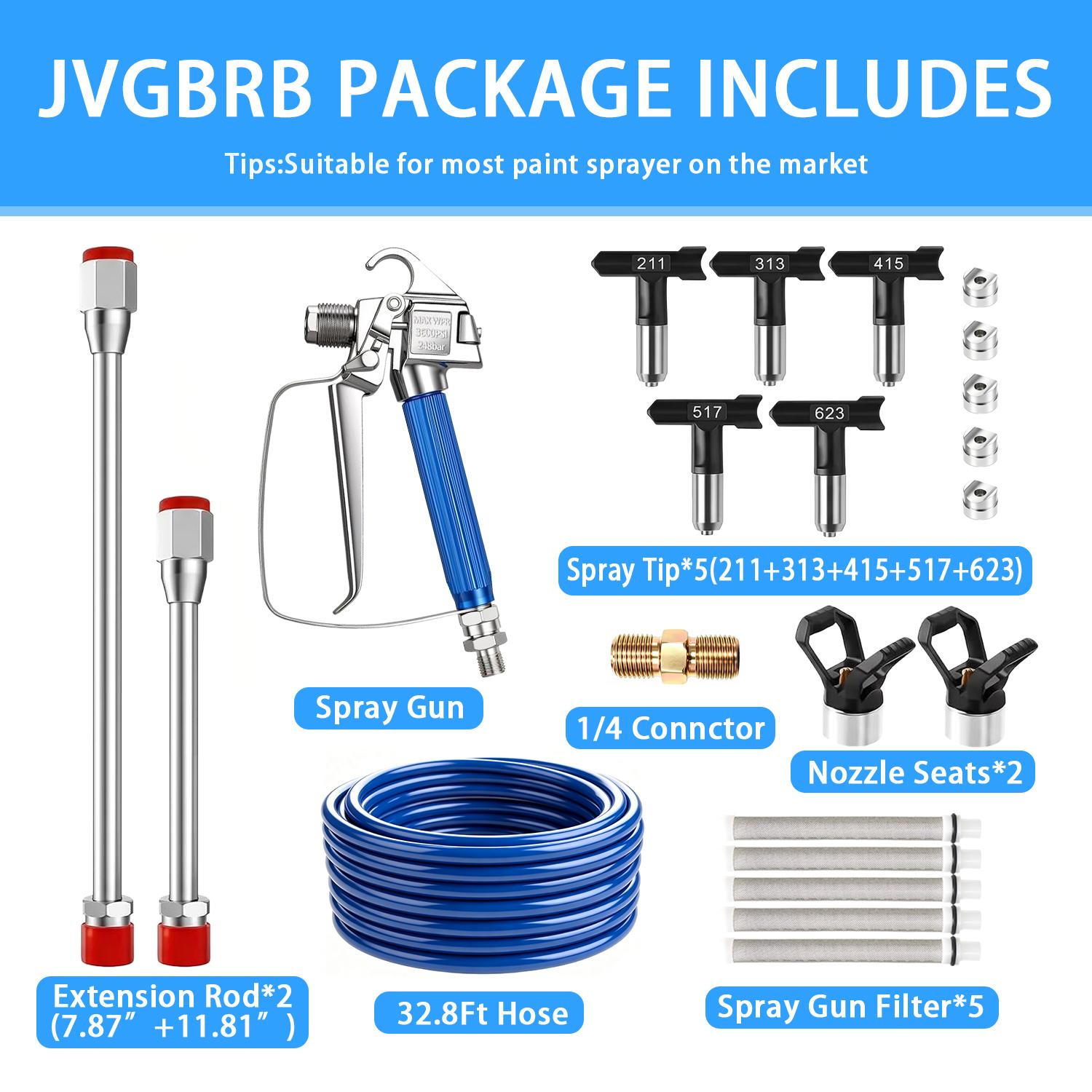 JVGBRB 17Pcs Metal Airless Paint Sprayer Gun Full Kit for DIY Hardware Accessories - 3600PSI Airless Gun, 32Ft High Pressure Hose, 5Pcs Reversible Tips, 2Pcs Extension Rod, 5Pcs Filters, 2Pcs Nozzle Seat, 1pcs 1/4-inch Double-ended Male Thread Nipple, Alu