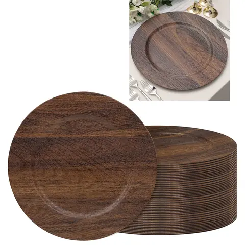 MAONAME Traditional 13 in Wood Pattern Plastic Charger Plates, Set of 10/30 Brown Faux Wood Style, Quick Wipe-Clean, Food Spill Prevention, Plates for Wedding Reception Dining Table Decor