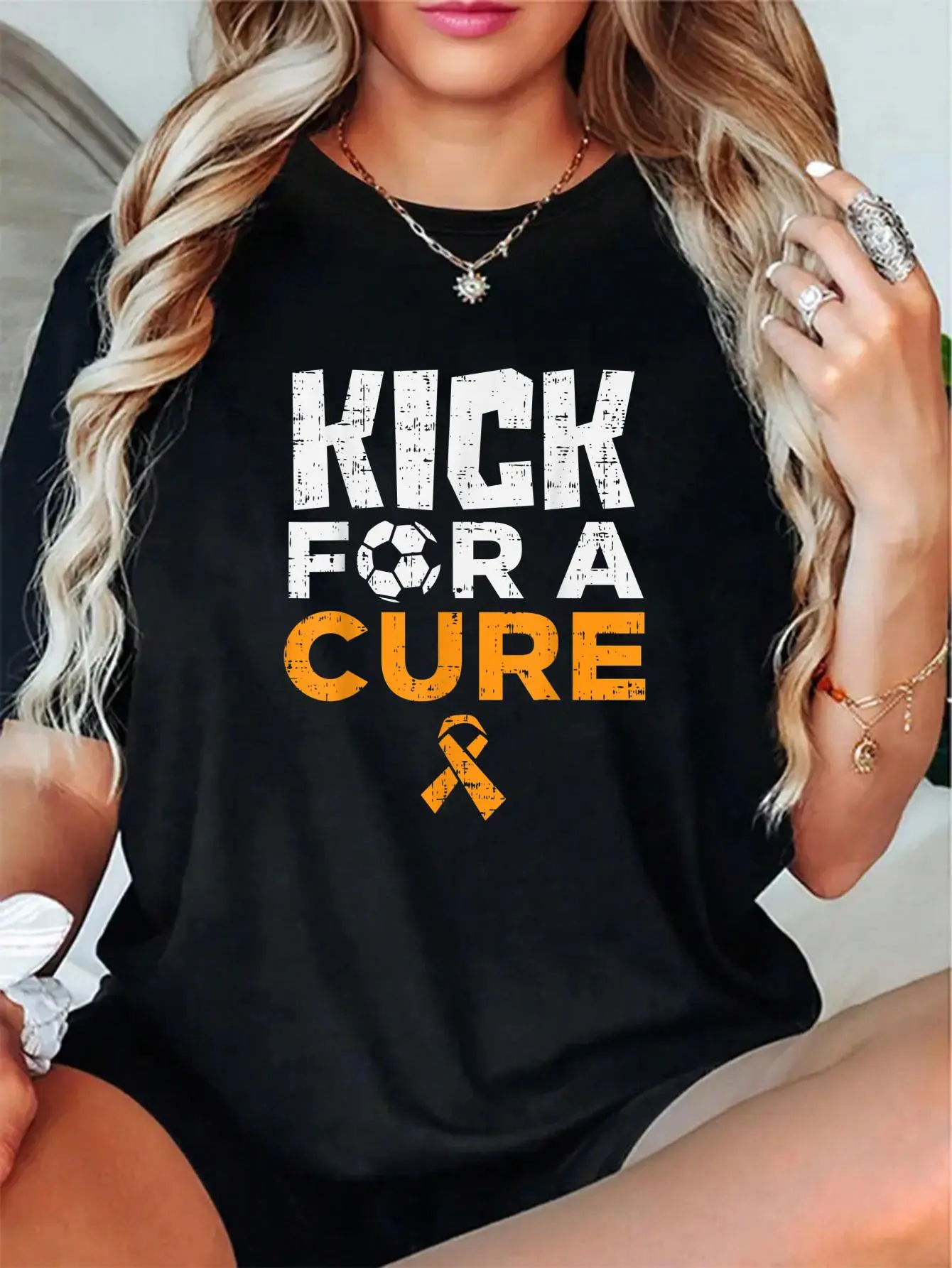 Women's 100% Cotton Kick For A Cure Soccer Orange Ribbon Leukemia Awareness T-Shirt - Love, Everyday, Breathable, Fit, Casual, TikTok Fashion Top, Round Neck, Short, Style, Tee, Cute, Vibe, Print, Soft