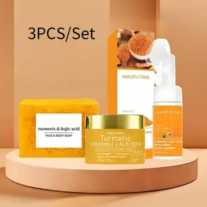 3PCS/set Turmeric soap Moisturizing Acne Dark Deep Cleansing Mousse and  Hydrating Cream Face & Body Facial Cleanser Skincare Flawless Organic for Women & Men