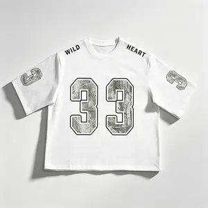 American retro sports style T-shirt with numeric print, made entirely of polyester, breathable, oversized loose casual short sleeves