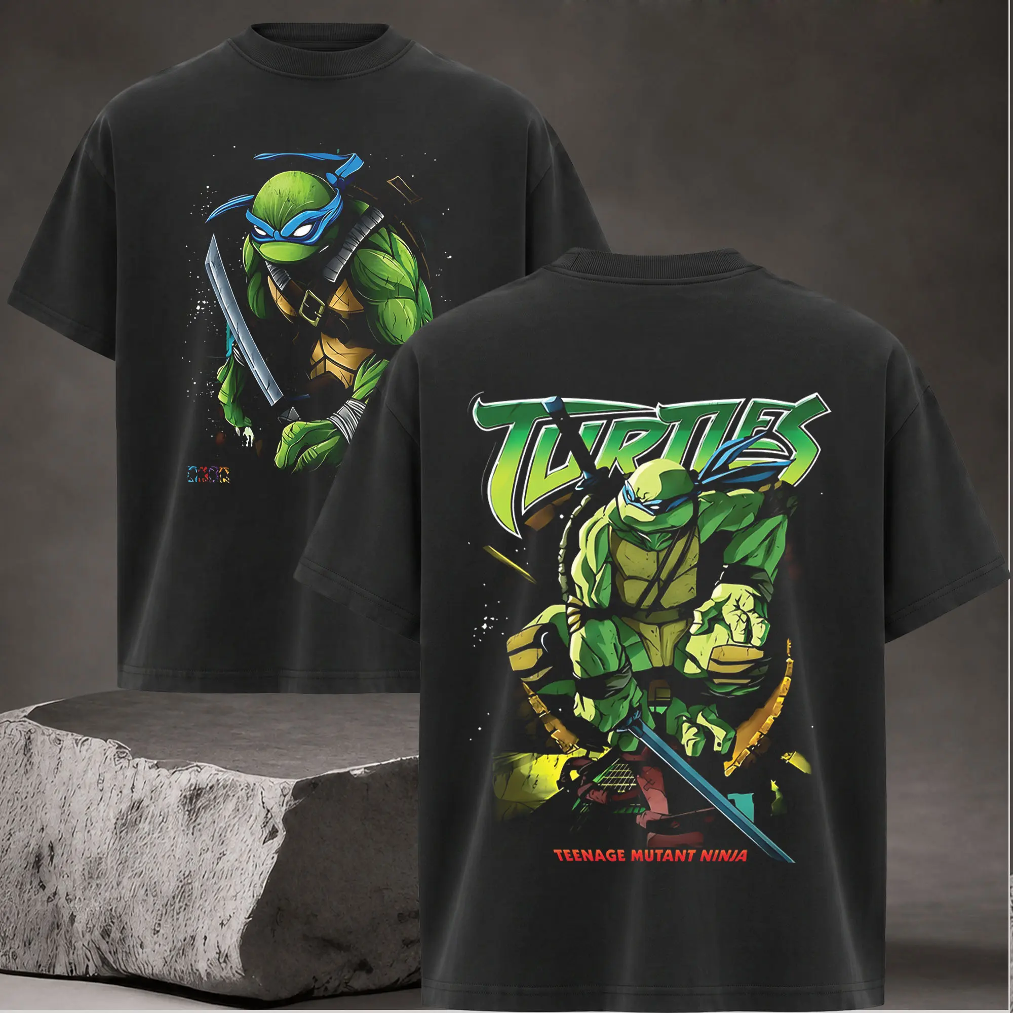 Vintage Leonardo Ninja Turtle Graphic Tee, Retro Comic Hero Streetwear Shirt, TMNT Inspired Oversized Black T-Shirt, 90s Cartoon Action Urban Fashion, Mutant Warrior Anime Graphic Unisex Cotton Tee, Cowabunga Retro Apparel