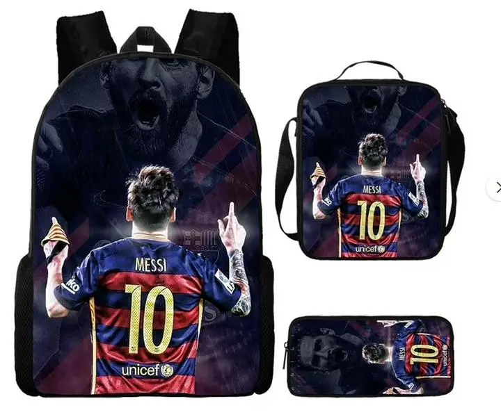 Messi Backpack Set, 3 Piece Backpack Set With Lunch Box Pen Box , High Capacity Bookbag Lunch Bag Pencil Case Workplace Travel