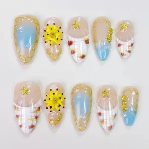 T75 Ocean World almond-shaped press on nail three-dimensional carved shell starfish, high-end and versatile, detachable artificial nail for autumn and winter