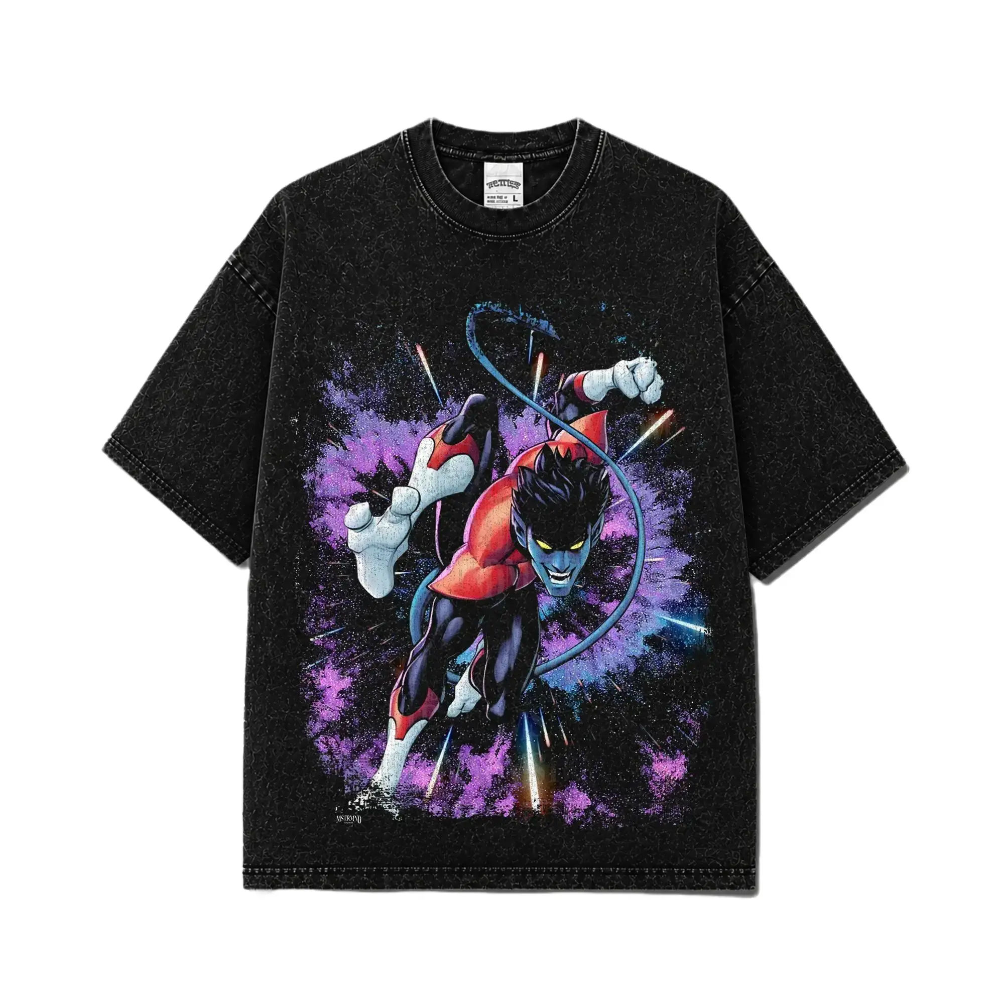 Nightcrawler Kurt Wagner Oversized Acid Washed T-Shirt X-Men Mutant Superhero Graphic Tee Premium Vintage Cotton Top Blue Devil Teleport Comics Apparel Perfect Fan Gift For Men Women Trendy Y2K Streetwear Casual Geek Fashion Outfits High Quality Clothing!