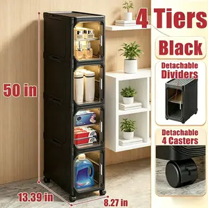 Narrow Storage Cabinet Transparent Visible Door Magnetic Structure Foldable Ready-to-Use Swivel Wheels Small Space Saver