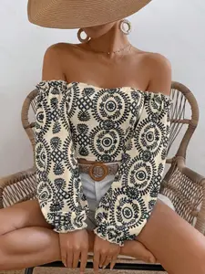 Women's Spring Summer Vacation Style Plant Print Off-Shoulder Lantern Sleeve Loose Shirt, Long Sleeve Top, Casual Fashion