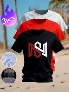 3 Pcs Men's Geometric Letter Print Crew Neck T-Shirts, Breathable Quick Dry Casual Classic Streetwear Short Sleeve Tees, Soft Multi-Color Daily Wear Tops for Men