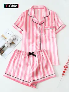 Two-piece Comfortable Satin Brown Big Stripe Spring and Summer Short-sleeved Lapel Top and Bow Shorts Women's Casual Pajamas Sleepwear Set Pjs Nightwear Loungewear