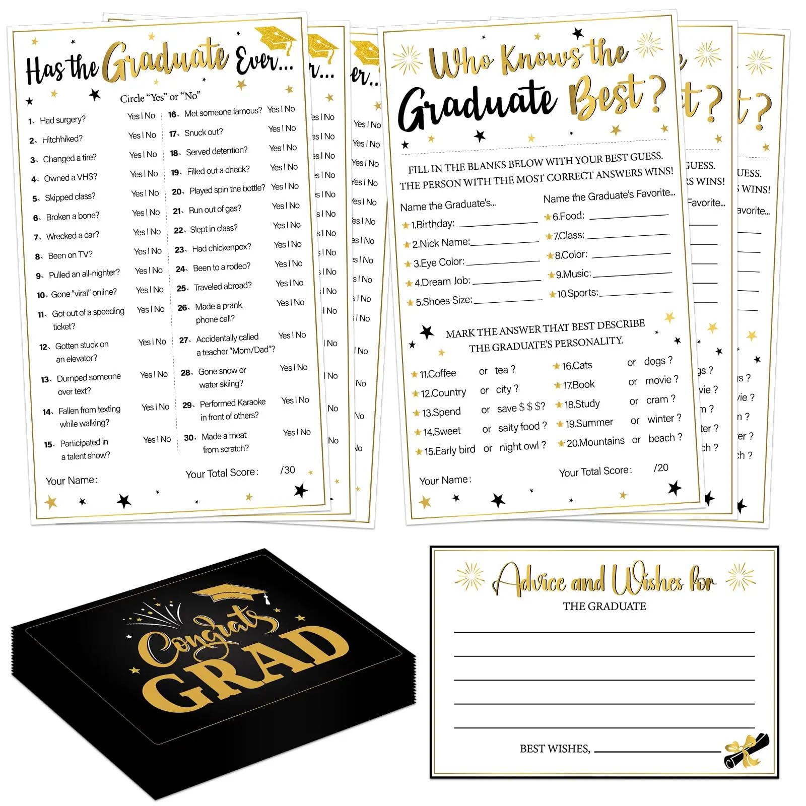 75Pcs 2026 Graduation Party Game Cards Grad Wishes & Advice Cards Who Knows The Graduate Best Cards Has The Grad Ever Game Cards Grad Season Celebration Party Decors Supplies for College High School