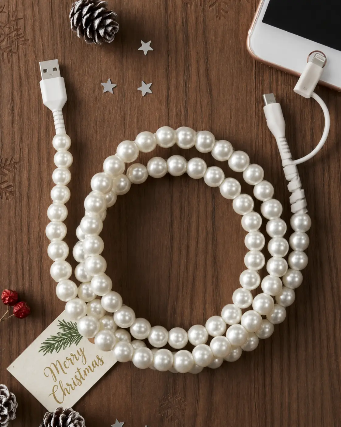 Pearl-Decorated 2-in-1 Phone Charging Cable, 3.3 ft USB-A to USB-C Cable with Detachable Lightning Adapter, Stylish Charging Accessory for Compatible Phones and Devices