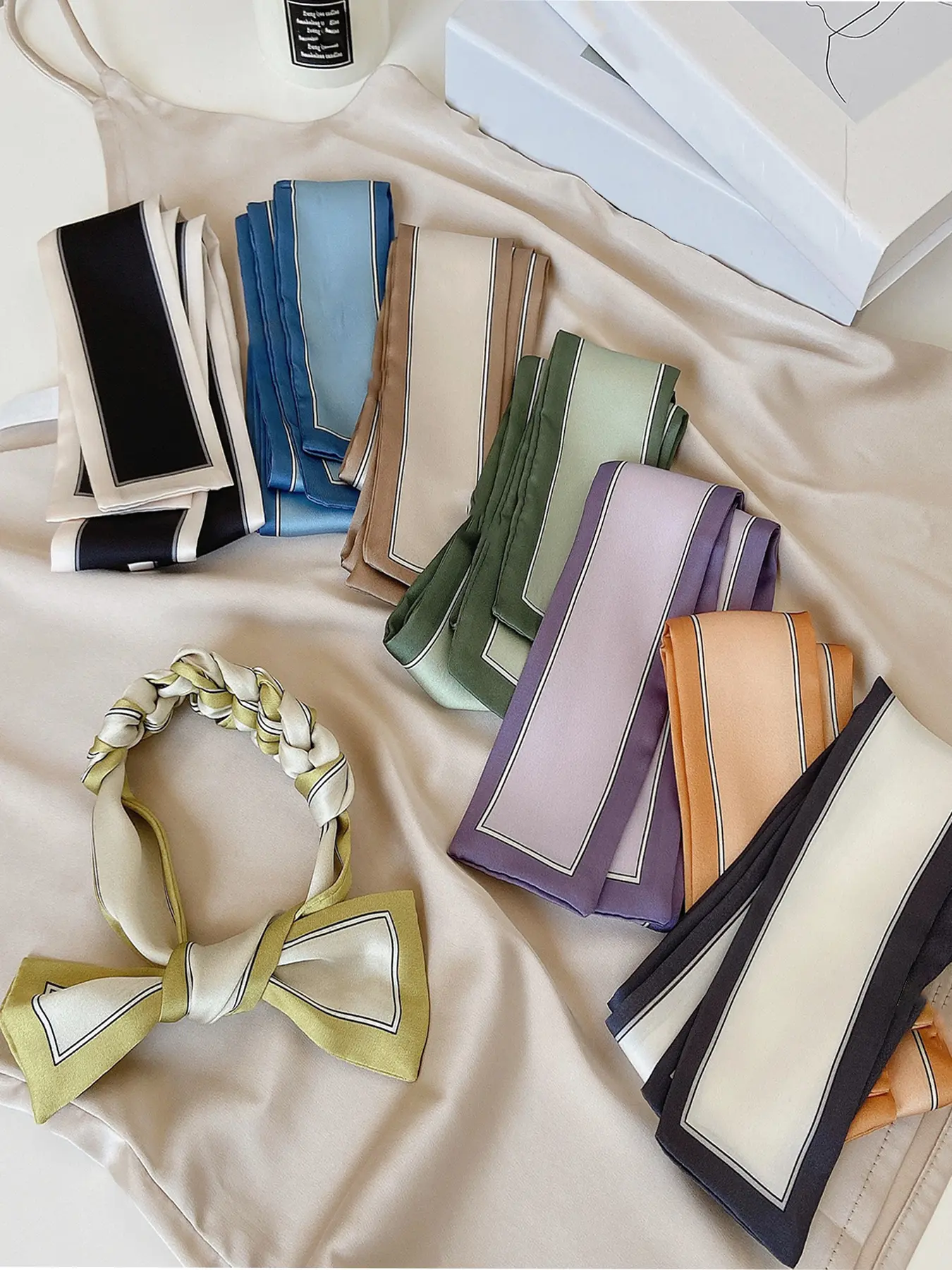 8 Pcs / 1 Set Elegant French Style Candy Color Striped Polyester Scarf Set, Vintage Hairband, Woven Ribbon, Multifunctional Accessory for Women & Girls, Fashionable Hair Accessories, Scarf Headband, Hairwraps, Hair Ties