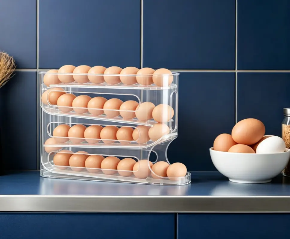 2 Pack 24-Count Automatic Rolling Egg Dispenser, Clear Plastic Auto Slide Egg Holder for Refrigerator, Space Saving Dual Use Egg Storage Container for Fridge & Kitchen Countertop