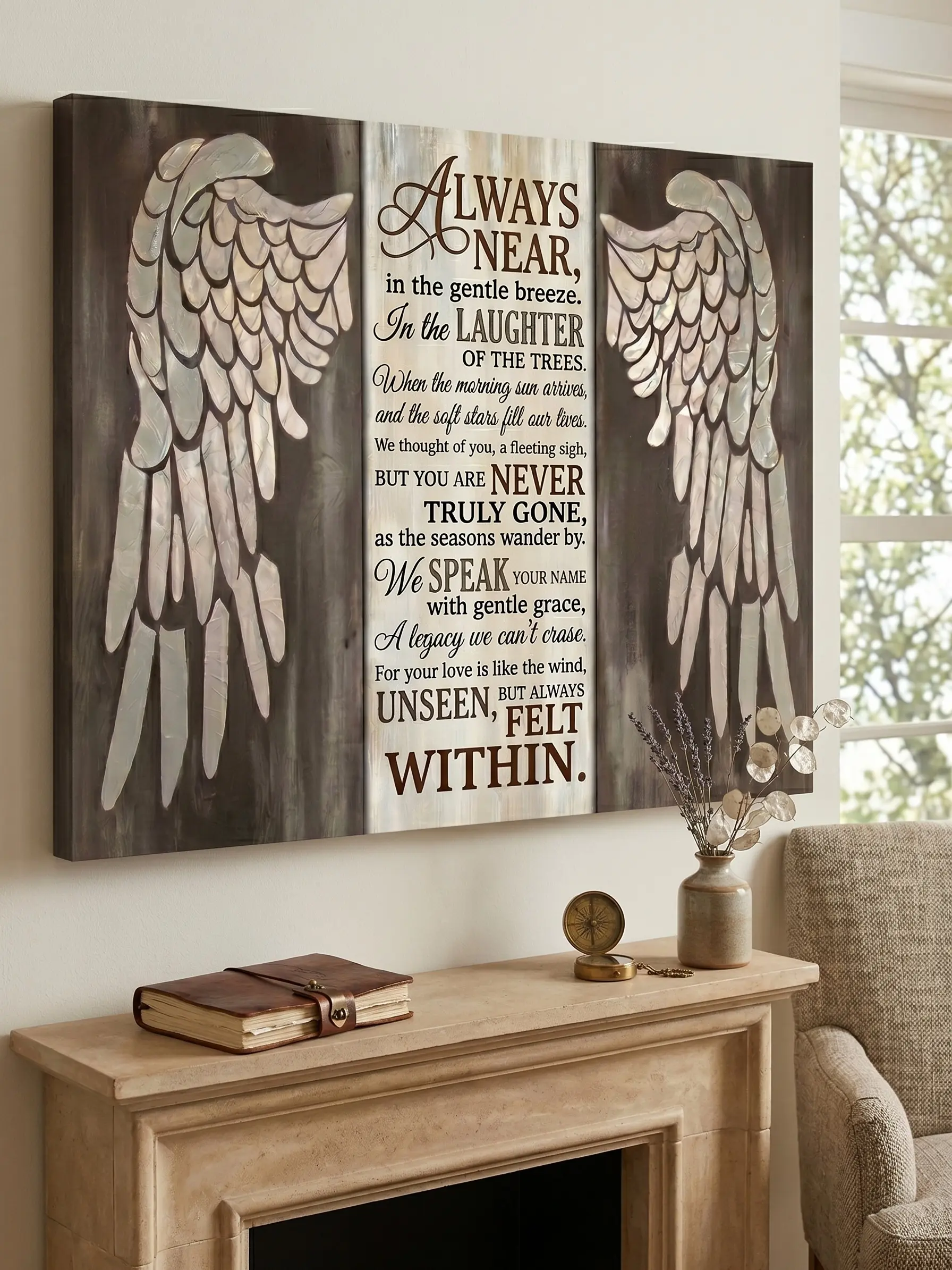 Rustic Angel Wings Memorial Canvas Wall Art - Artistic Triptych Wood Panel Prints with "Always Near" Bereavement Poem, Funeral Sympathy Gift, Farmhouse Home Decoration for Living Room, Artwork