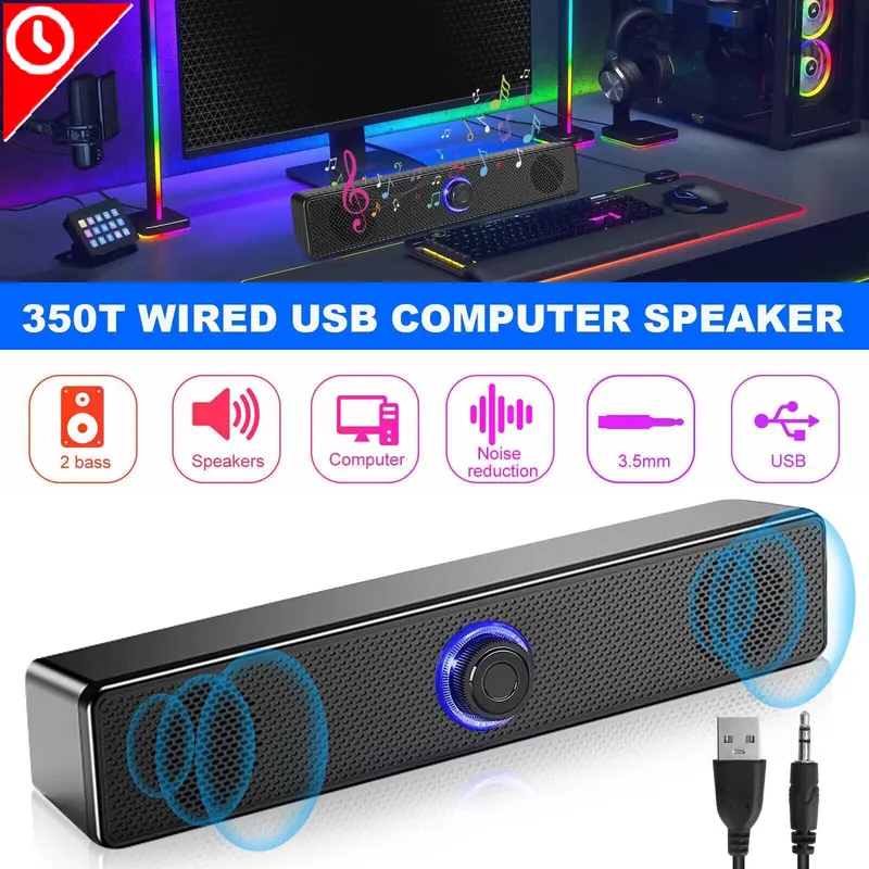 DAZONE Deep Bass Stereo PC Sound System, 2 x 2in Wired PC Speakers for Desktop with USB Power & 3.5mm Audio Dual Interface, Compatible with Laptops & Tablets