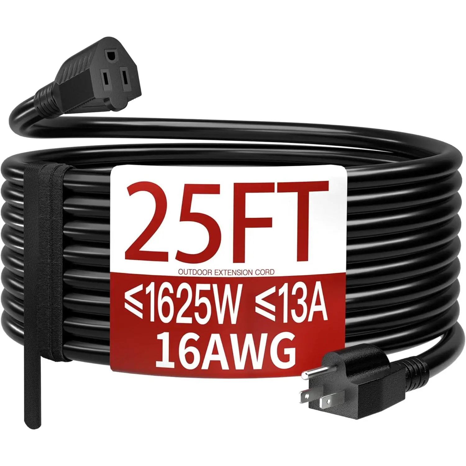 SQ-CGC001 16/3 25 FT Outdoor Extension Cord Waterproof, Weatherproof & Flame Retardant Black 3 Prong Power Cord Outside for Lawn & Garden, 13 Amps 1625 Watts 125 VAC 16AWG SJTW, ETL Listed