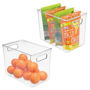 Plastic Deep Kitchen and Pantry Organizer Storage Bin with Handles for Cabinet Fridge Freezer Food Storage Containers for Snacks Yogurt Pouches or Fruit Ligne Collection 2 Pack Clear