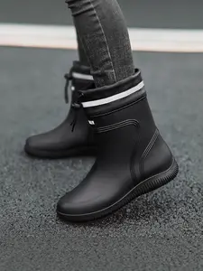 New Mid-Calf Rain Boots Couple Style, Large Size Women Anti-Slip Waterproof Convenient Drawstring Outdoor Fishing, Comfortable Practical Waterproof Ankle Boots