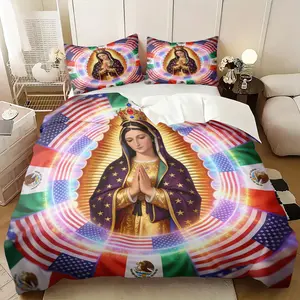 Our Lady of Guadalupe Theme Duvet Cover Sets, Bedding Ensemble, Includes 1 Duvet Cover & 1-2 Pillowcases, Mexican American Flag & Neon Halo Print, Soft Bedding for Bedroom Dorm, Perfect Spiritual Decor Gift for Latino Catholic Communities