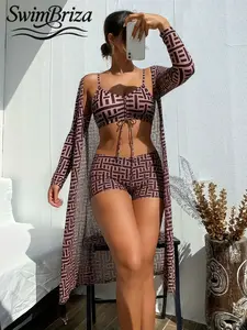 Briza｜3Pc Mocha Geometric High Waisted Bikini Sets With Boy Shorts And Long Sleeve Cover Up For Vacation Swimwear For Women As Bathing Suits 2 Piece Set, Two-Piece Swimsuit For Women, Bathing Suits For Women And Cute Swimsuits For Women