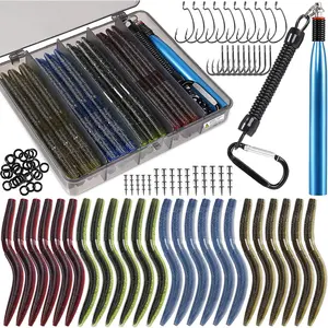Wacky Worm Lure Set - Soft Plastic Baits, Grub Lures, Wacky Rig Hooks, Weed Guard Hooks, Freshwater Fishing Tackle Box, Suitable for Bass and Trout, Includes Wacky Rig, Carolina Rig, Texas Rig, Soft Stick Baits, and Fishing Tools