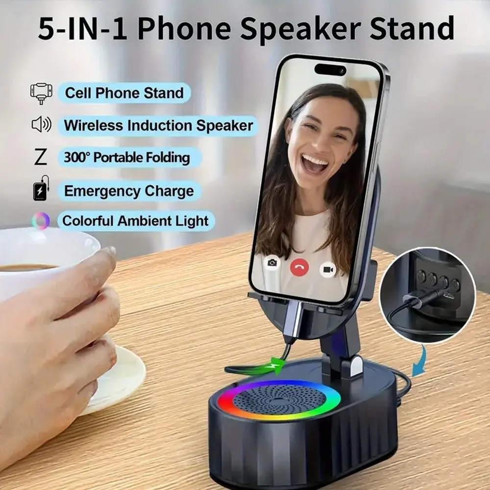 Portable Mobile Phone Stand Speaker Fan with 300° Colorful Ambient Light, Wireless Speaker, Non-Slip Base, Foldable, Quick Charge, Ideal Gift